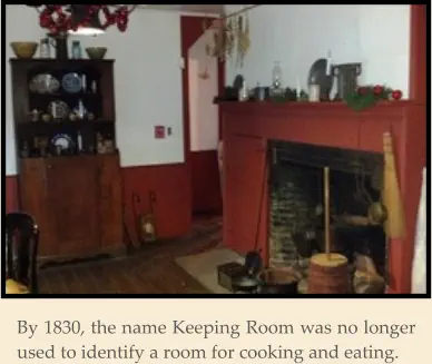 By 1830, the name Keeping Room was no longer used to identify a room for cooking and eating.